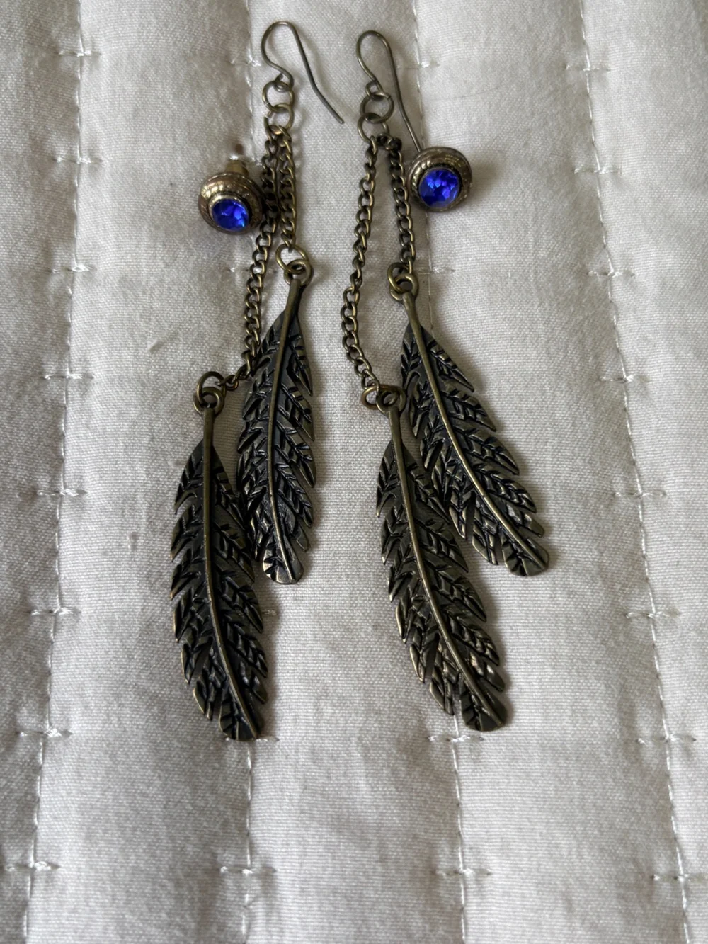 Boho Bundle: Bronze Feather Dangle Chain Earrings and Blue Rhinestone Studs Set